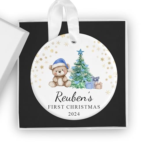 Personalised Baby's First Christmas Bauble Ornament with Gift Box - Custom 1st Xmas Keepsake - Ideal for New Baby Boy (Blue Teddy Bear)