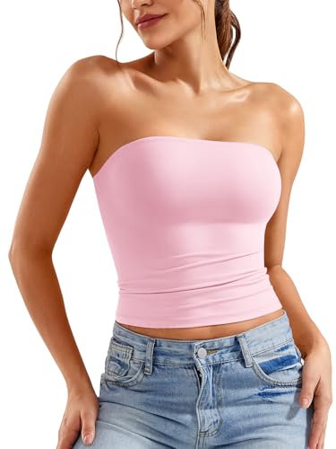ZAAYO Schulterfrei Tube Top Damen Bandeau Top Y2K Slim Fit Crop Top Sexy Sommer Tops Doppelt Gefüttert Tank Top Rosa M