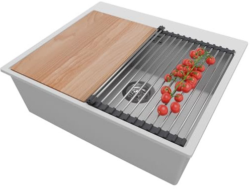 PRIMAGRAN Fregadero Cocina Gris 58x50cm, Fregadero Granito 1 Seno + Sifón + Accesorios, Fregadero sobre encimera al mueble 60cm - Oslo