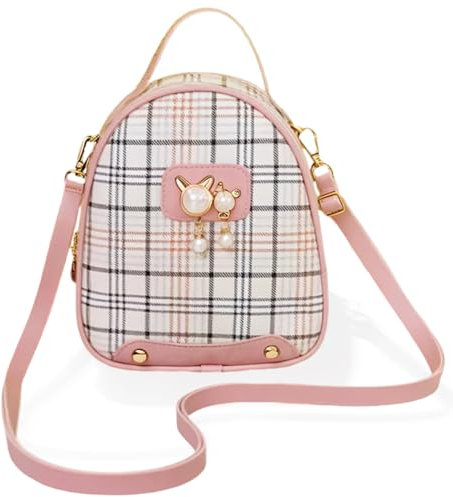 Fuaihui Borsa a Tracolla per Ragazze e Bambina Leggera e Graziosa con Design a Quadri e Pendente Gatto, PU Impermeabile, Ideale per Viaggi, Uso Quotidiano e Regali (rosa)