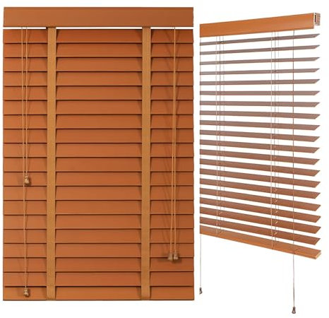 Fake Holz Jalousien Kabellos, Holzjalousien und Schattierungen für den Innenbereich, W16~74 × H16~72 Privacy Fensterläden, 2 flache Lamellen Lichtfilterung Holz venezianische Jalousien für