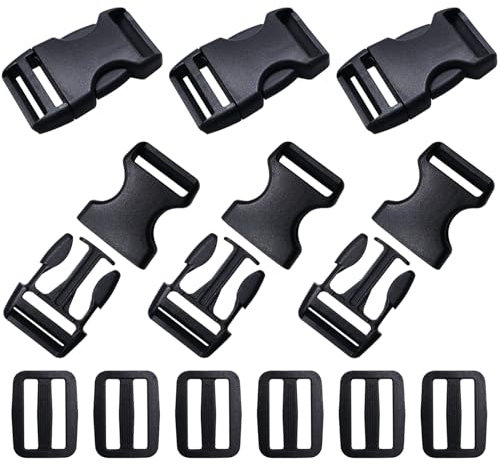 CMBBZZY 6 Sets 25mm Plastic Side Release Buckles with Tri Glide Sliders, Adjustable Slide Buckle for Backpack, Handbag, Luggage, Strap - Black