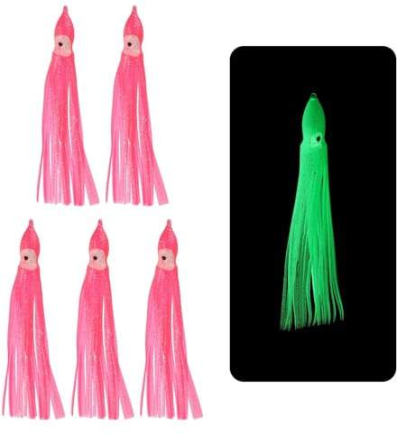 YELARXI Lot de 5 jupes de calamar en plastique souple pour pêche à la traîne - 12 cm - Pour bar, truite, saumon, eau salée - Rose