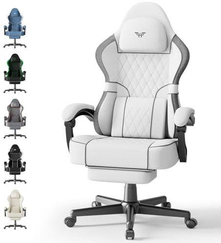 Ferghana Gaming Stuhl，Gaming Stuhl Ergonomisch, Gamer Chair mit verstellbare Kopfstütze und Lendenkissen，Armlehnen，Fußstütze，Racing PC Stuhl für Office Gaming (Weiß,Baumwolle-Leinen)