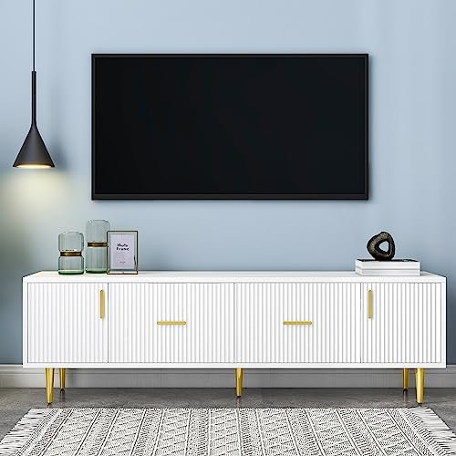 Jaxenor 170cm TV Schrank mit 2 Türen, TV Board mit Goldenen Griffen, Fernsehschrank mit 2 Schubladen, Fernseher Schrank für Wohnzimmer, TV Lowboard, Weiß