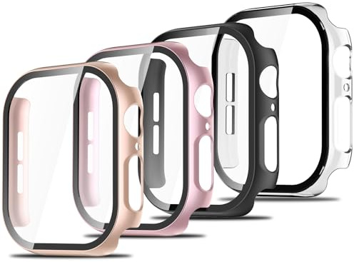 Simpeak 4 Pezzi Cover Compatibile con Apple Watch Series 11/10 42mm, Custodia Rigida con Vetro Temperato HD Pellicola Protettiva Anti-Graffio Full Protezione, Trasparente, Nero, Rosa, Oro rosa