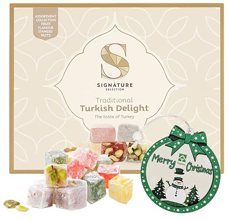 Traditional Turkish Delight Selection Gift Box - Fruit Flavour & Mixed Nuts Lokum Candy Turkish Delight Assortment 450g with Topline Tree Ornament for Stocking Fillers, Christmas Gifts, Birthday Gifts