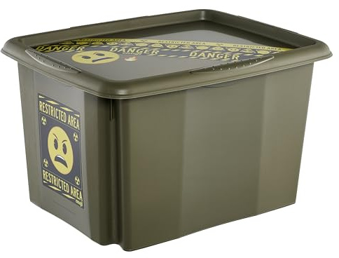 keeeper karolina Aufbewahrungsbox mit Deckel, 30 l, Emoji Danger, Olivgrün | Platzsparend aufeinander stapelbar, Griffmulden an den Seiten, Optimaler Staubschutz, Sichere Konstruktion