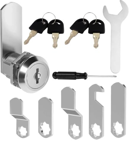 Cupboard Locks, 16mm Cam Lock for Cabinet, Letter/Post Box, Mailbox, Drawer, Filing Cabinet, Stainless Steel Locker Replacement Meter Box Latch Kit with 4 Keys, 5 Locking Plates, 1 Spanner, Tools