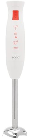 SOGO Batidora de Mano Eléctrica Multiusos con Cuchillas de acero inoxidable, Campana Antisalpicaduras, Velocidad Única, Color Blanco, Sin BPA (400W)