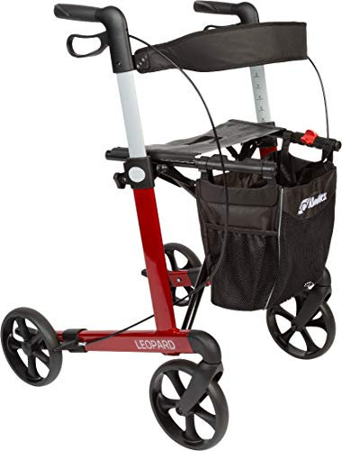 FabaCare Premium Rollator Set Leopard mit Softrädern, Aluminium, Rot, faltbar, mit Vollausstattung, Sitzfläche, Rückengurt, Alurollator bis 150 kg, mit FabaCare Sicherheitsreflektoren