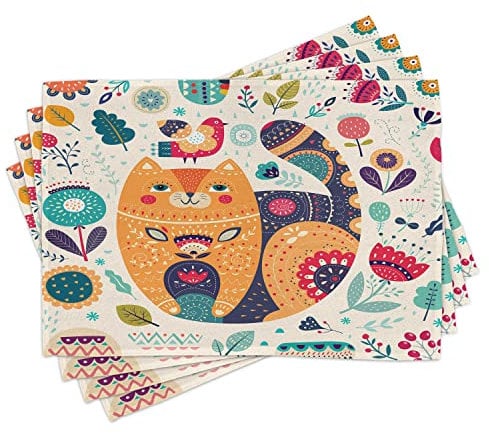 ABAKUHAUS Paisley Platzmatten, Katze und Blumen-Blatt, Waschbare Stoff Esszimmer Küche Tischdekorations Digitaldruck, Beige Orange