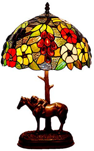 Yjmgrowing 12-Zoll Pastorale Tiffany Stil gestresste Glastisch-Lampe mit Resin-Pferdes-Basis für Schlafzimmer-Studierendenraum Art Lighting,E27-Glühbirnen Nicht inbegriffen