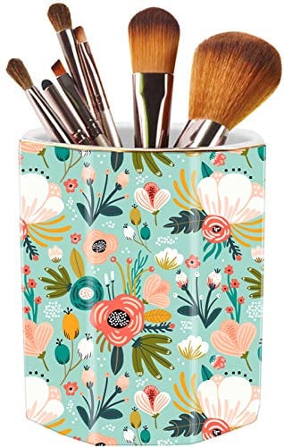 Jwest Makeup Brush Holder Ceramic Desk Pen Holder for Women Girl Kids Stand Cute Floral Print Pencil Cup Pot Desk Organizer Gift for Home, Office Mint Green