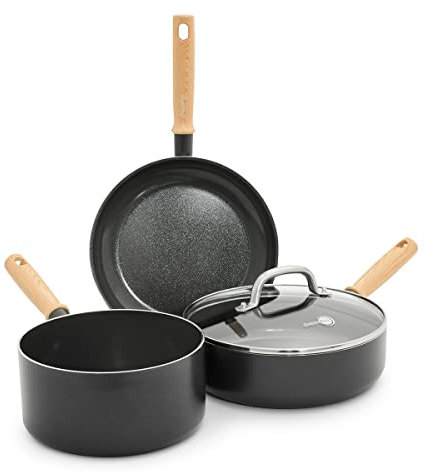 GreenPan Hudson Healthy Keramik-Antihaftbeschichtung, 4-teiliges Kochgeschirr-Set, Töpfe und Pfannen, Vintage-Holz-inspirierter Griff, PFAS-frei, spülmaschinenfest, Schwarz