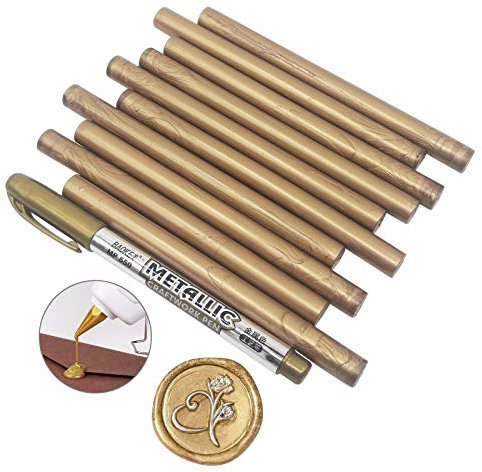 VARACL Siegelwachsstäbe für Briefe,Wachssiegelstempel,Klebepistole, Siegelwachs für Hochzeitseinladungen, Umschläge,Grußkarten, mit einem metallischen Goldwachssiegelstift, 10 Stück (antikes Gold)