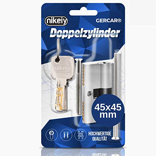 GERCAR Pro Profilzylinder 45/45 Massiver Schließzylinder Doppelzylinder Zylinderschloss Türschloss - aus Messing Vernickelt - inkl. 5 Schlüssel - Wendeschlüssel - Länge: 90 mm, A:45 B:45-1x