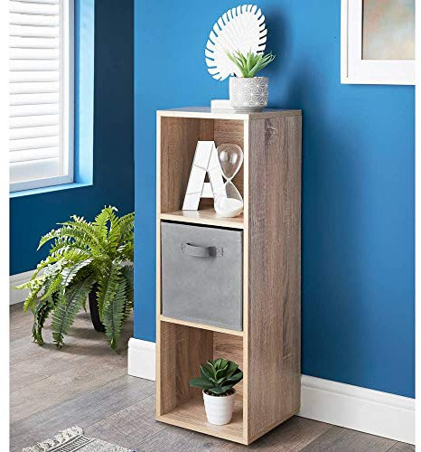 spot on dealz® 3 Cube Storage Unit Wooden Bookcases and Shelving Units Oak With 1 Drawer Basket Small Bookcase Home Office Display Furniture Living Room Decor