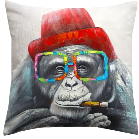 The Beach Stop Tier Dekorative Muster Bunt Gedruckt Affe Schimpansen Kissenbezug Geschenkidee für Damen und Herren, 45 x 45 cm, Schimpanse mit Brille