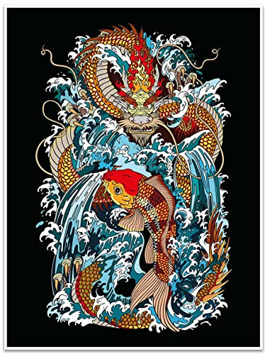 wandmotiv24 Poster als Wanddeko, Größe 40x30cm, Drache, Fisch, Japan, Moderne Wanddeko, Wandbilder, Deko, Bild M0246