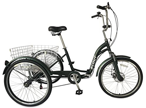 SCOUT Dreirad für Erwachsene, zusammenklappbares Dreirad, 61 cm Räder, 6-Gang-Shimano-Schaltung, Scheibenbremsen vorne und hinten, Dreirad (mattgrün), L
