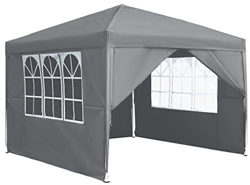 XMTECH Pavillon Faltpavillon 3x3m mit 4 Seitenteilen – 3-Fach höhenverstellbar 2.4m-2.6m, Wasserdicht, UV-Schutz, Faltbar, Stahlgestell & 210D Oxford-Gewebe für Gartenpartys, Hochzeiten – Grau