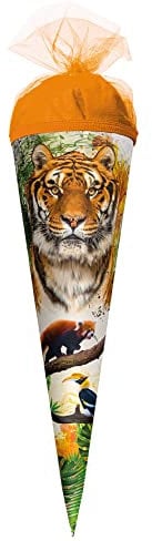 Gefüllte Motiv-Schultüte Tiger 50 cm rund Tüllverschluss