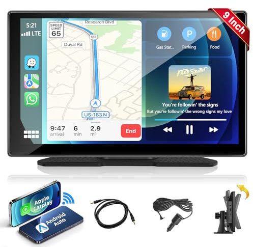 Podofo 9 Zoll IPS Tragbares Autoradio mit Kabelloses A-pple Carplay & Android Auto, Digital Media Receiver 7-32V Touchscreen Bluetooth Musik Bildschirm, AirPlay/Mirror Link/TF/USB/AUX/FM Transmitter