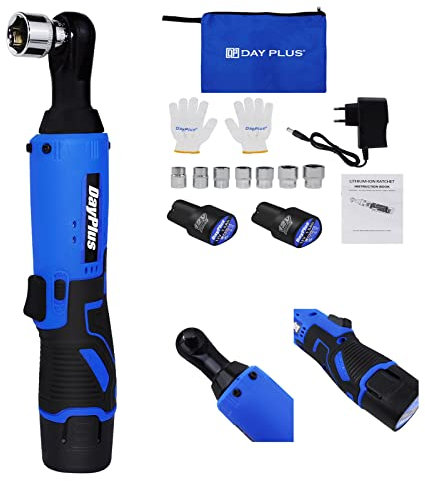 HSHa Clé à cliquet sans fil 12V outil électrique à clé droite, outil électrique à cliquet, couple élevé 40n.m, 2300 tr/min, outil électrique portable sans fil avec 2 batteries