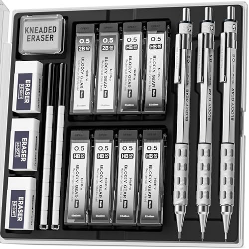 Nicpro Blocky Gear Druckbleistift-Set aus Metall, 0,5 mm, mit Etui, Minenstift mit 8 Röhrchen (480 Stück) Minen (HB 2B), 4 Radiergummis, 18 Radiergummi-Nachfüllungen für Kunstschreiben, Skizzieren,