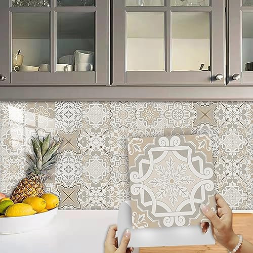 Fliesenaufkleber Marokkanisches Beige Braun Klebefliesen Wasserdicht Ölfest Fliesenaufkleber Bad Küchenrückwand Selbstklebend für Schrank Möbel Tisch Dekoration Fliesenfolie 10 Stück/10x10cm