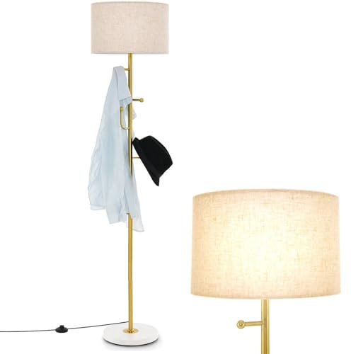 COSTWAY Floor Lamp with Coat Rack, Multi-Purpose Standing Lamp with Linen Lampshade, 5 Hooks, Foot Switch & Weighted Base, Tall Tree Floor Lighting Reading Lamp for Living Room Bedroom, E27 Socket