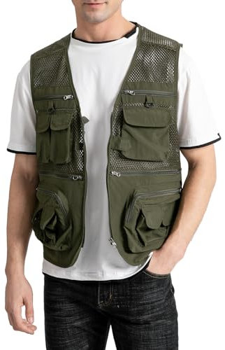 Vanchenl Herren Outdoor Arbeit Mesh Angeln Weste Utility Multi Pocket Schießen Safari Reise Fotografie Waistcoatt Armeegrün L