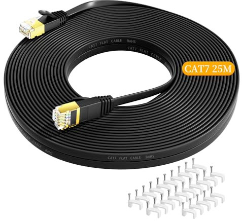 Nowunke Cable Ethernet 25 Metros, Cat 7 Plano Cable de Red 25m Cable Internet Alta Velocidad Blindado 10Gbps 600Mhz, RJ45 Gigabit Cable Lan Negro para Switch, Rúter, Módem, PC