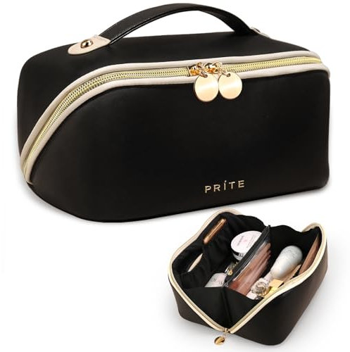 Prite Große Kapazität Kosmetiktasche Tragbare Reise Make Up Tasche wasserdichte PU-Leder Schminktasche oder Kulturbeutel mit Transparente Trenner und Griff(Schwarz)