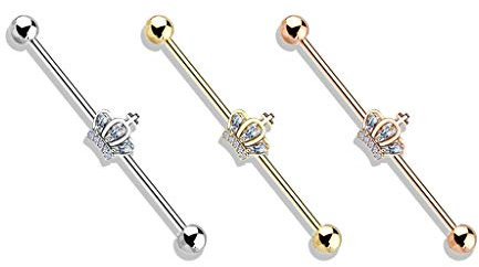 beyoutifulthings Industrial-Piercing SET Gold Silber Roségold Krone ZirkoniaIndustrial-Barbell Industrial-Bar Chirurgenstahl Stab-länge 38-mm