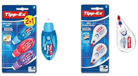 Tipp-Ex Korrekturroller Micro Tape Twist mit Schutzkappe, in 3 Farben & Tipp-Ex Korrekturroller Mini Pocket Mouse, 6m x 5mm, Ideal für das Büro, das Home Office oder die Schule, 2 Stück (1er Pack)