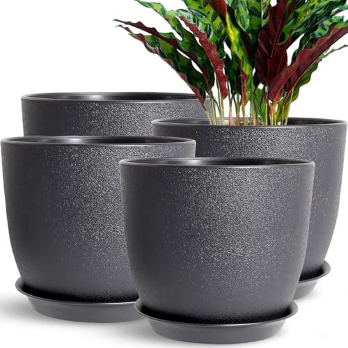 SE SUN-E 20CM set di 4 vasi per piante, fioriere in plastica nera per tutte le piante da giardino casa vasi da fiori con foro di drenaggio creazione di vasi da fiori, nero