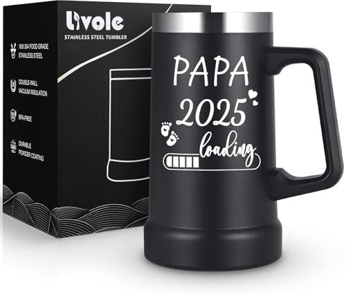 Livole Merveilleux Cadeau pour Papa et Futurs Parents - Papa 2025 Loading - Verre à Bière de 24 oz avec Anse - Tasse pour la Fête des Pères
