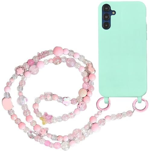Rnrieyta Miagon Coque pour Samsung Galaxy A35 5G avec Cordon,Silicone Liquide Bumper Lanière avec Bling Rose Perles Collier Longueur Chaîne Lanyard Case Housse Étui
