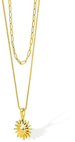 VICKWOOD Collana da donna a forma di sole, lunga 50-60 cm, con ciondolo a forma di sole, in acciaio inox, impermeabile, placcato oro rosa 16 carati, nero/argento con confezione regalo, Acciaio