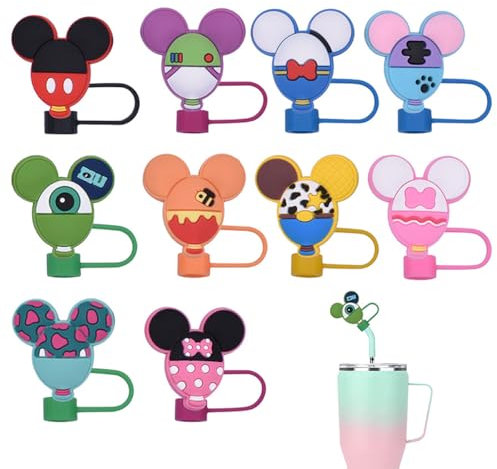 10Pcs Mouse Cartoon Straw Covers Cap Dust-Proof Silicone Straw Toppers Reusable Drinking Straw Lid for 10 mm Straws