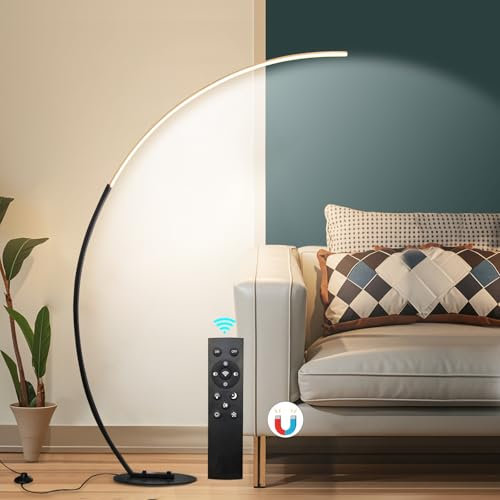 ShineMuse Bogenlampe dimmbar Wohnzimmer,LED Stehlampe Schwarz Gold mit Fernbedienung und Fußschalter,Modern Stehlampe bogen schmal Leselampe für Wohnzimmer