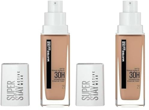 Maybelline New York Wasserfestes Make up, Foundation mit hoher Deckkraft, Langanhaltendes Gesichts-Make-up, Super Stay Active Wear, Farbe: Nr. 21 Nude Beige (Hell), 1 x 30 ml (Packung mit 2)