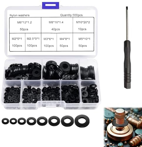 500 Piezas Arandelas Nylon, Arandelas de Plastico Redondas Negro, Arandela Aislante Redondo, Arandela Aislante Separador Surtido Kit, para Plomería de Reparación-M2/M2.5/M3/M4/M5/M6/M8/M10/M12