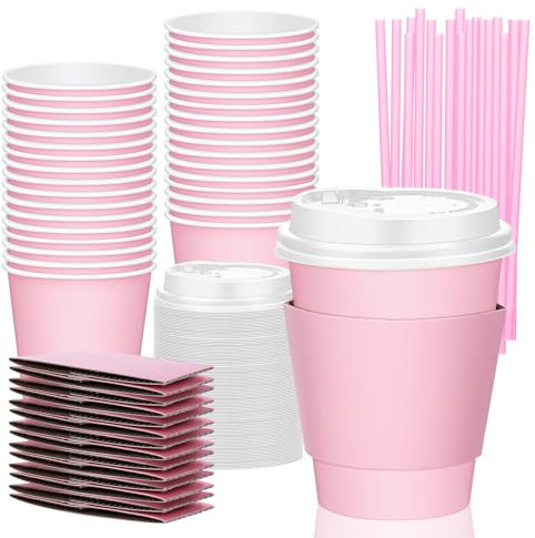 Pink Disposable Coffee Cups with Lids Straws and Sleeves,50 Pack 12 oz Insulated Paper Disposable Hot Chocolate Cups with Lids,Hot and Cold Drink Cups for Tea,Water,Milk,Juice,Cocoa,Travel Supplies