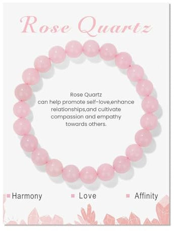 SGERUFZ Bracelet Quartz Rose Perles Pierre Naturelle Lithotherapie Élastique Bracelet Homme et Femme 17,8 cm Rose