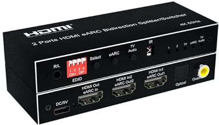 HDMI eARC Audio Extractor,2/4 Port Bi-direction HDMI eARC Audio Extractor 4K 60Hz HDMI Toslink SPDIF COAXIAL 5.1CH HDMI Audio Switch & Splitter Converter (2-port HDMI)