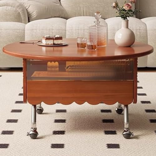 WEIDPHL Runder Couchtisch Mit Anhebbarer Platte Und Rollen, Couchtisch Mit Verstecktem Stauraum, Bewegliche Beistelltische, Holz-Mitteltisch Für Das Wohnzimmer,Wooden