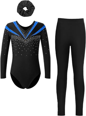 Fldy Kinder Mädchen Gymnastikanzug Langarm Mit Hose Lang Glitzer Turn Trikot Leggings Haargummi 3er Tanzkleidung Set Blau&Schwarz 134-140